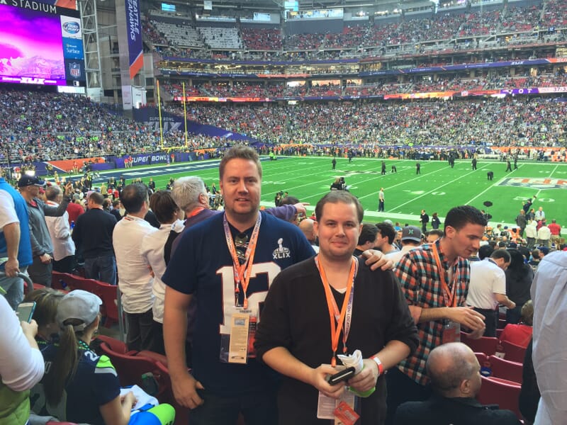 Sportsgambler.com founders Jörgen Sparredal and Jens Carlsson attending Super Bowl XLIX in 2015 at University of Phoenix Stadium in Glendale, Arizona.